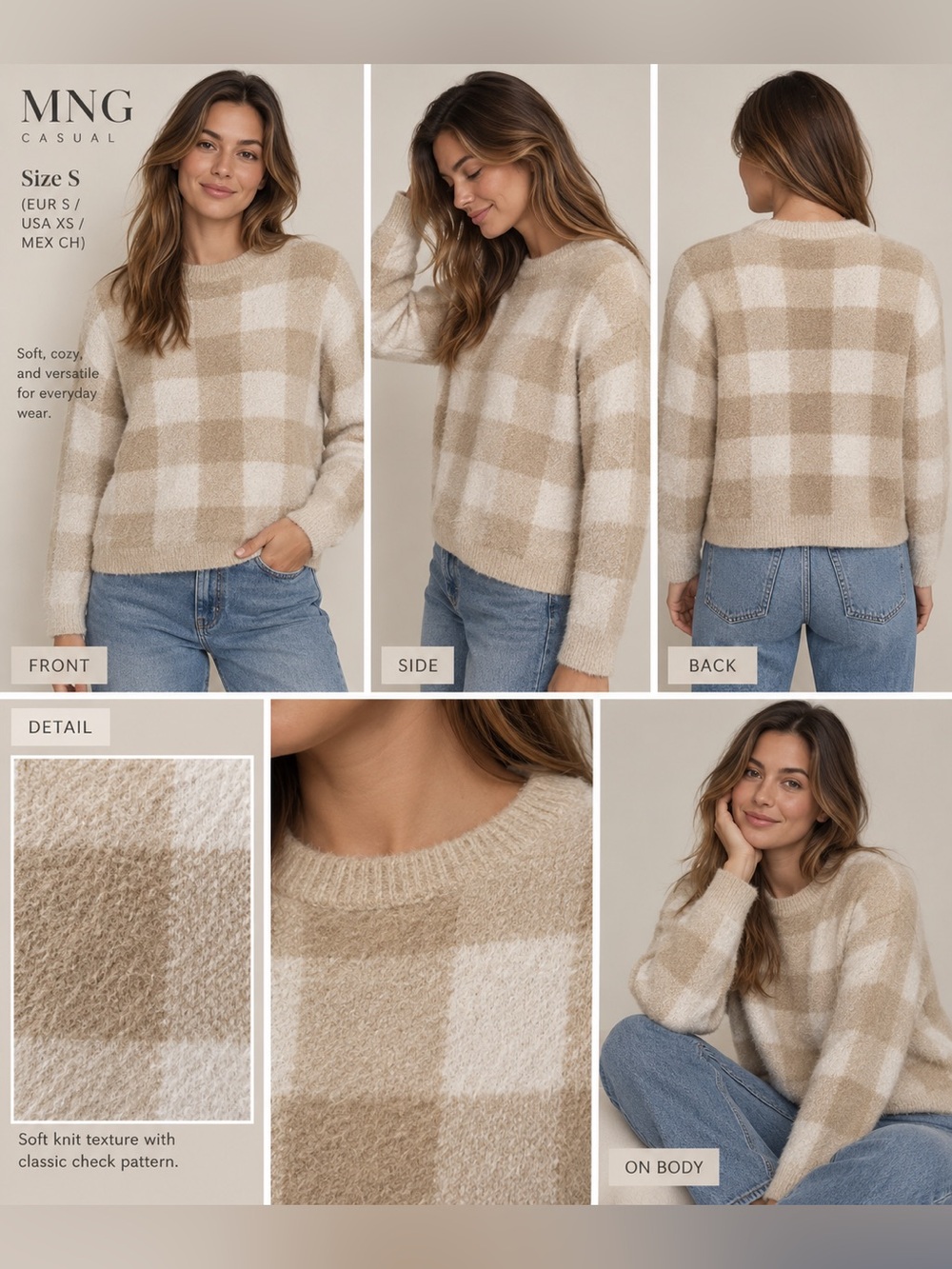 MNG Casual Plaid Crewneck Sweater in Cream and Tan
